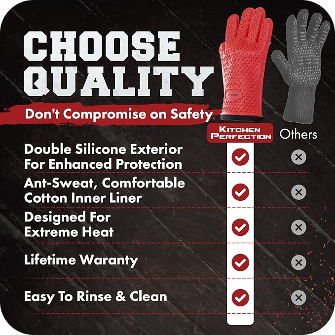 KITCHEN PERFECTION XL Silicone Smoker Oven Gloves-Extreme Heat Resistant BBQ Gloves-Handle Hot Food Right on Your Grill Fryer&Pit|Waterproof Grilling Cooking Baking Mitts|Superior Value Set+3 Bonuses | Waterproof, 5-Finger Design For A Better Grip, for...