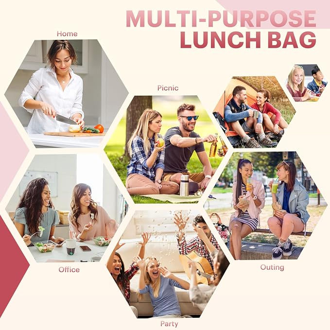 Lunch Bag for Women & Men Adult Insulated Lunch Box, Small Leakproof Cooler Food Lunch Containers Reusable High Capacity Lunch Tote Bags for Work, Travel, Outdoor - Black Rose
