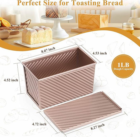 LIANYU 3 Pack Pullman Loaf Pan with Lid, 1 LB Nonstick Carbon Steel Loaf Pans Set, Heavy Duty Rectangle Bakeware with Cover for Homemade Sourdough Bread Sandwich, Rose Gold