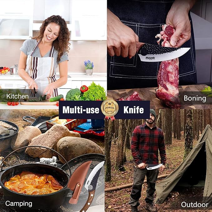 Huusk Hand Forged Viking Knife with Sheath for Kitchen Camping BBQ | Japanese Butcher Knife for Meat Cutting, High Carbon Steel Chef Knives with Ergonomic Wood Handle, Gifts for Men