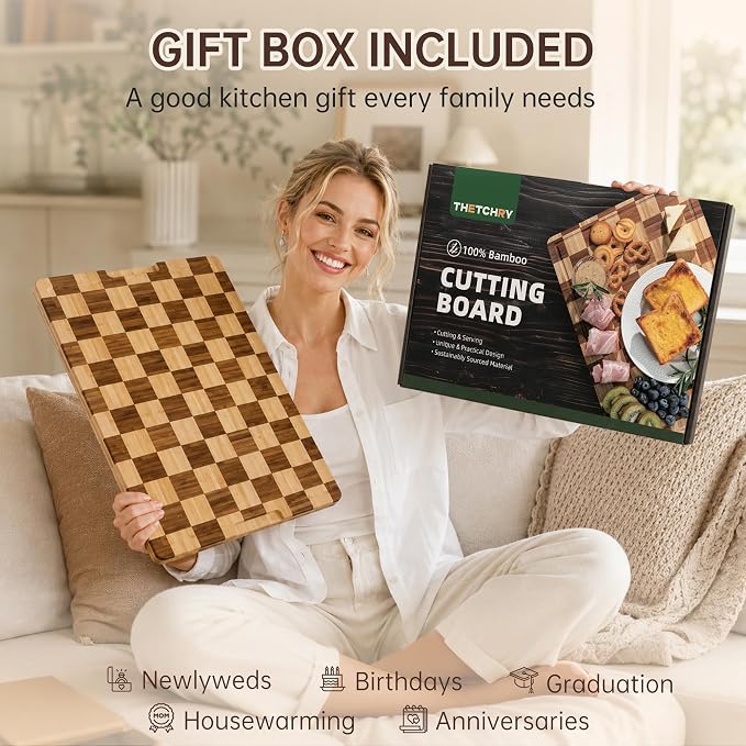 Checkered Cutting Board for Kitchen, Bamboo Wooden Cutting Board | Serving Tray with Juice Groove, Non Slip, Non-Toxic, Thick Large Chopping Board Gift , 16.5” x 11.6” x 0.8”