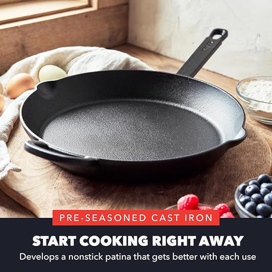 GreenPan x Bobby Flay 12” Cast Iron Pre-Seasoned Skillet with Helper Handle, Professional Grade Heavy Duty, Induction, Pour Spouts, Versatile Stovetop, Oven, BBQ Grill Fire, Indoor/Outdoor Use, Black