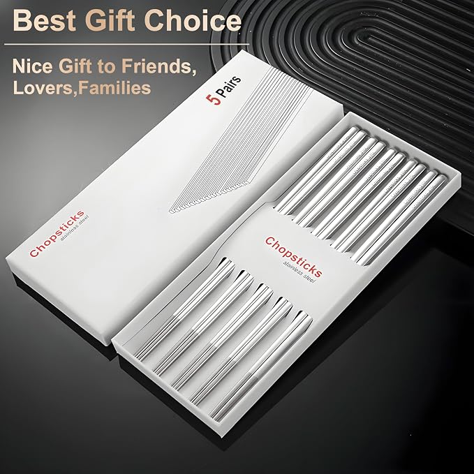 5 Pairs Metal Chopsticks Reusable 316 Stainless Steel Chopsticks Cute Laser Engraved Non-slip Japanese Korean Chinese Chopstick for Cooking Eating Dishwasher Safe 9.5" Chop Sticks Gift Set