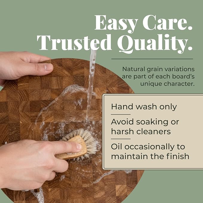 End Grain 12" Round European Oak Wood Cutting Board, Butcher Block, Wooden Chopping Board with Non-Slip Feet & Handles, Charcuterie Board, Knife-Friendly, Serving Cutting Board for Kitchen
