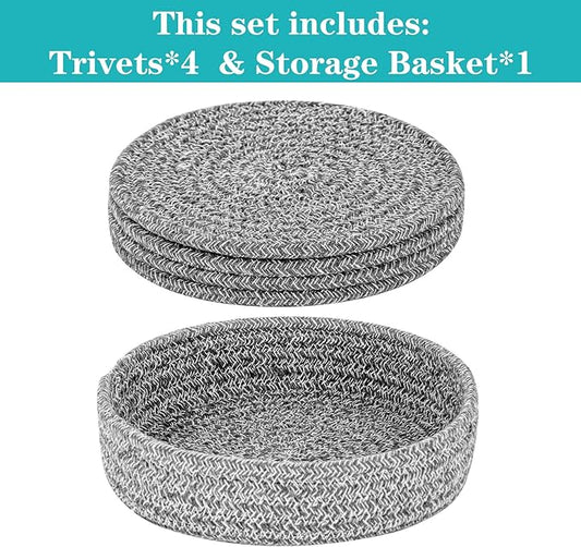 Trivets for Hot Dishes, Pots and Pans, Hot Pads with Storage Basket, Pot Holders for Kitchen, Heat Resistant Mat Protect Counter Home Essentials, Farmhouse Decor (Deep Gray 4 PCS)