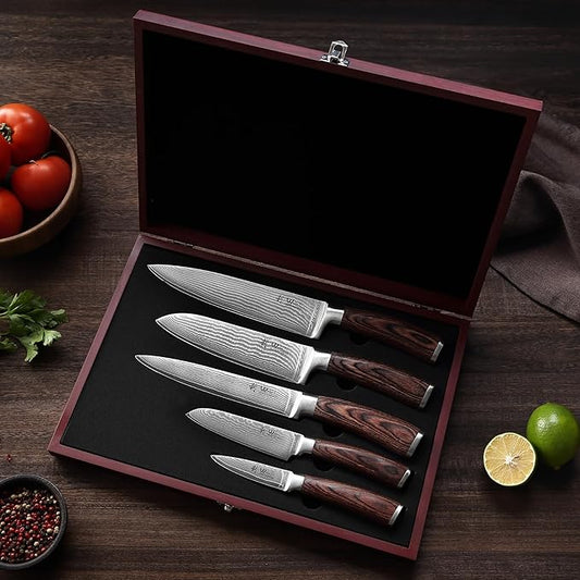 Wakoli EDIB 5-Piece Damascus Knife Set – Professional Kitchen Knives | Genuine Damascus Steel Blades with VG10 Core | Ergonomic Pakkawood Handles | Premium Chef Knife Set
