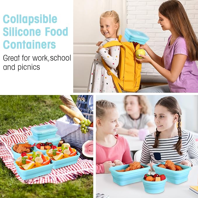 Yaomiao 16 Pack Collapsible Food Storage Containers with Lid Air Vent Foldable 8 Rectangle Storage Bowl and 8 Round Silicone Food Bow for Lunch Camping Rv Accessories Microwave Freezer(Blue)