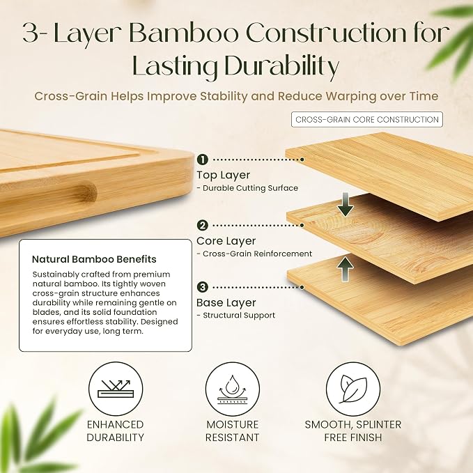 3-Piece Bamboo Cutting Boards - Groove, Handles, 15/12/9" - Natural | Bamboo boards with juice groove for prep, serving side for charcuterie