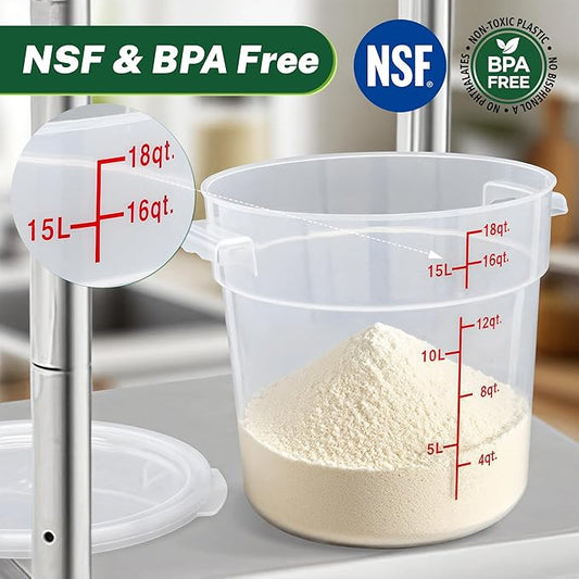 Round Food Storage Container with Lid,18 Qt Translucent, Commercial 4 Pack of – NSF Listed, BPA-Free, Polypropylene, Non-Stick, Scale, with Labels & Measuring Cups