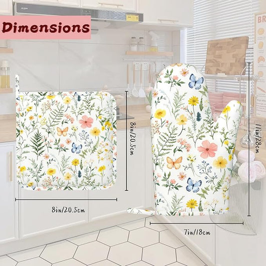 Wildflowers Oven Mitts and Pot Holders (4PCS),Vintage Plants Herb Flower Butterfly Heat Resistant Non-Slip Silicone Kitchen Gloves for Cooking, Baking, BBQ Waterproof Kitchen Accessories