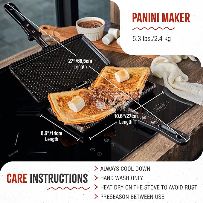 Victoria Cast Iron Panini Maker, Preseasoned Cast Iron Sandwich Maker and Pie Iron with Heat-Resistant Handle, Made in Colombia