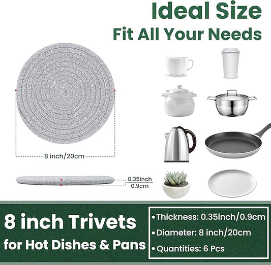8 Inch Trivets for Hot Dishes, Hot Pots and Pans, Thick Heat Resistant Large Coaster for Kitchen, Hot Pads, Kitchen Essentials, Kitchen Decor for Table & Countertop, 6 Pcs