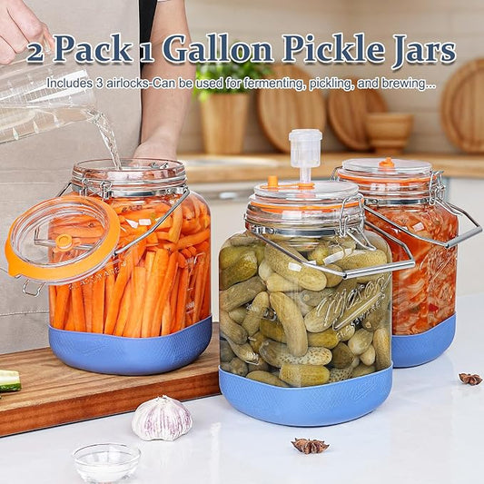 1 Gallon/128 OZ Large Fermentation Jar, Mead Making Kit, Pickle Jars, 2 PCS | 3 Airlock, Stainless Steel Handle, 4.3” Wide Mouth, 100% Leakproof, Non-Slip Base, BPA Free, 2 Scale Mark, Food Grade