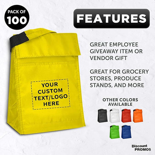 DISCOUNT PROMOS 100 Hook and Loop Insulated Lunch Bags Set - Customizable Text, Logo - Polyester, Durable, Vibrant, Reusable - Yellow