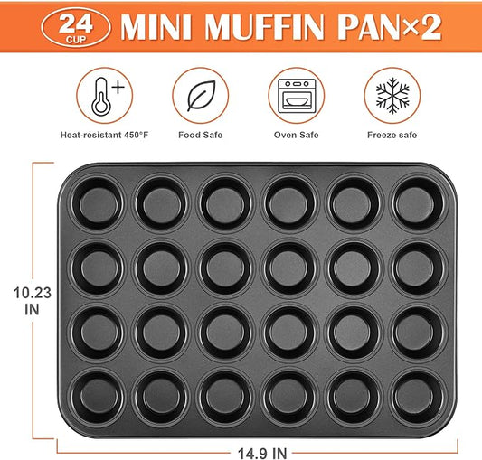 E-far 2 Pack Mini Muffin Pan - Nonstick 24-Cup Carbon Steel Cupcake Tin Tray for Little Bites & Freezer Prep | Warp-Free Bakeware Ensures Even Baking & Effortless Release, Regular Size & Oven Safe