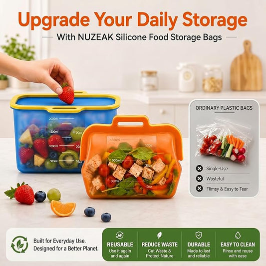Reusable Silicone Food Storage Bags, NUZEAK Magnetic Seal Reusable Storage Bags, Stand Up Silicone Freezer Bags for Food, Fruit, Snack, Sandwich, Meal Prep, Dishwasher Safe, 50oz, 1 Pack