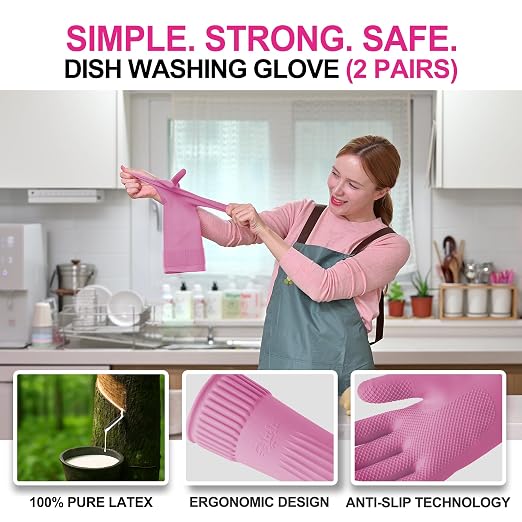 DABOGOSA Mamison 2 Pairs Reusable Waterproof Household Dishwashing Cleaning Rubber Gloves, Non-Slip Kitchen Glove (Pink, XL (Pack of 2))