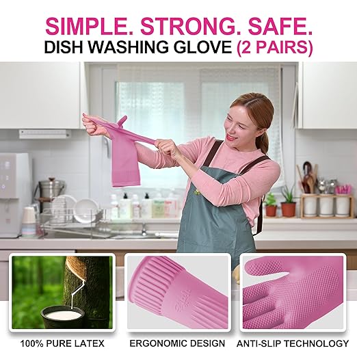 DABOGOSA Mamison 2 Pairs Reusable Waterproof Household Dishwashing Cleaning Rubber Gloves, Non-Slip Kitchen Glove (Pink, XXL (Pack of 2))