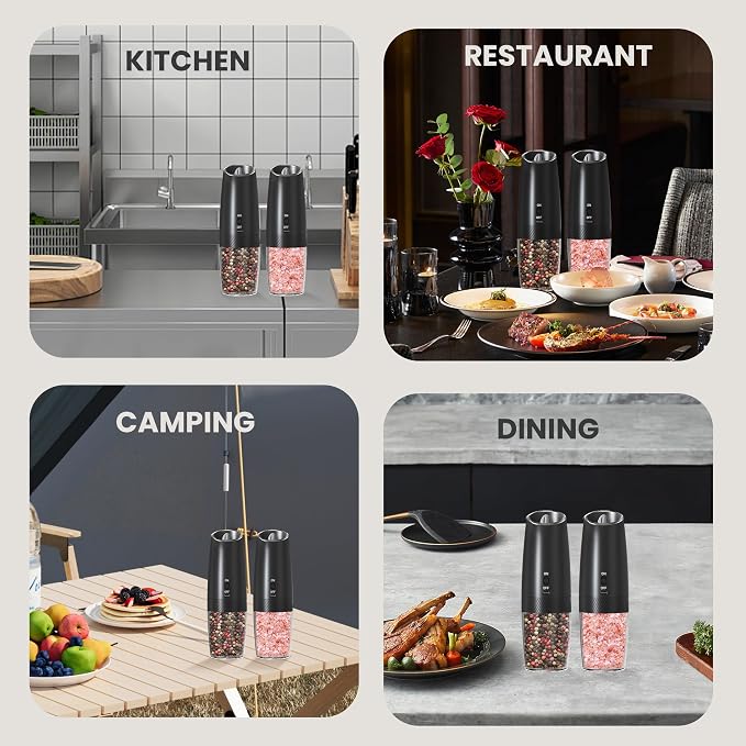 Rechargeable Salt And Pepper Grinder Set with LED Light, Automatic Electric Gravity Salt And Pepper Shakers Set, No Battery Needed, Adjustable Roughness, 2 Pack (Black&Black)