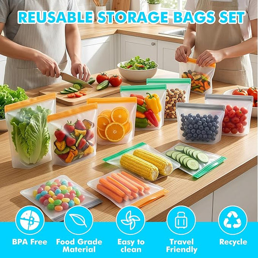 20 Pack Reusable Freezer Bags Silicone Dishwasher Safe, Leakproof Reusable Food Storage Bags BPA Free Healthy Food Storage Contaizers, Snack Sandwich Gallon Baggies for Meal Prep Lunch Travel Green