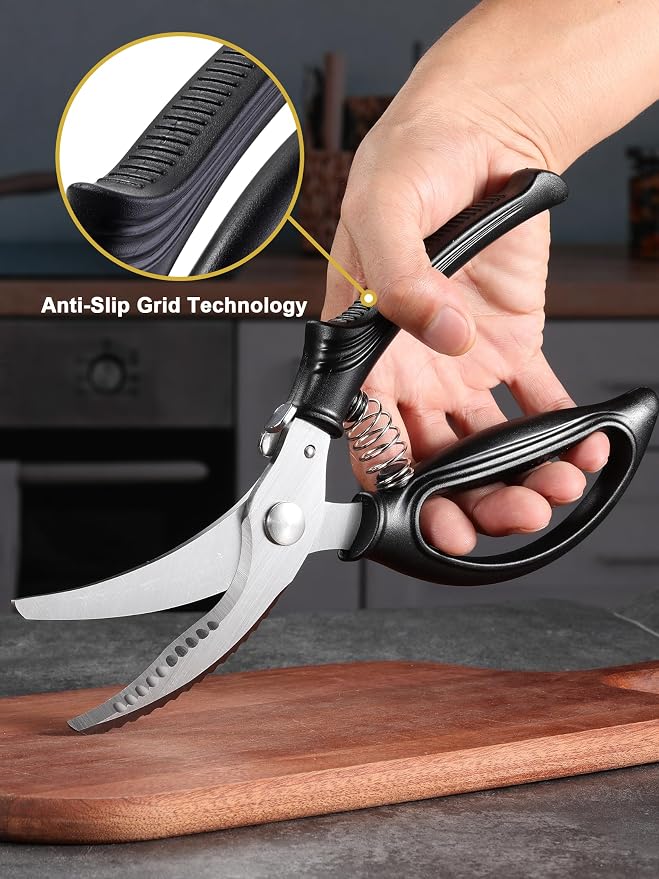 Poultry Shears, Kitchen Shears with Spring Loaded, Heavy Duty Poultry Scissors for Meat, Chicken,Turkey, Anti-Slip Handle,Safety Lock,Dishwasher Safe
