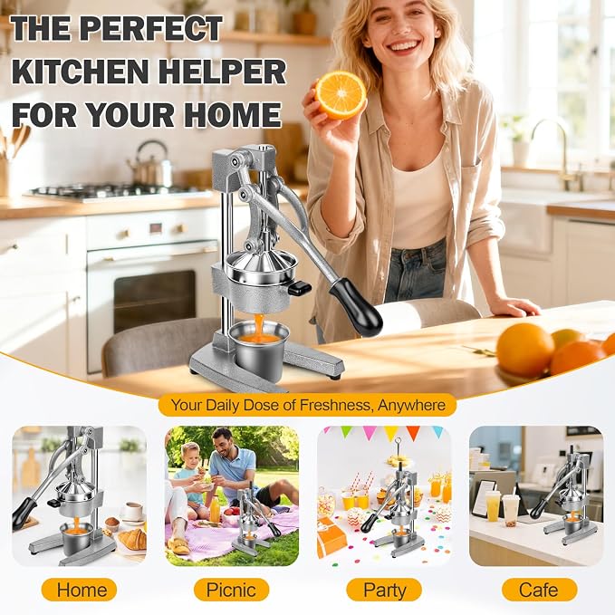 Manual Citrus Juicer Press, Heavy Duty Cast Iron Lemon Squeezer with Stainless Steel Cone, Commercial Hand Press Juicer for Orange, Lemon & Lime, Easy to Clean