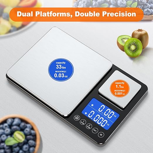 0.001oz/33lbs Dual Platform Food Kitchen Scales Digital Weight Grams and Ounces, Two Precisions Kitchen Scale for Sourdough Bread, Baking and Cooking with 7 Units Tare, Accumulation Functions