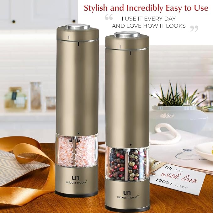 Urban Noon Electric Salt and Pepper Grinder Set (2 Mills, 8.1" Tall) - One-Handed Battery Operated Push-Button Mills with LED Light, Adjustable Ceramic Coarseness, 1-Year Warranty - Champagne