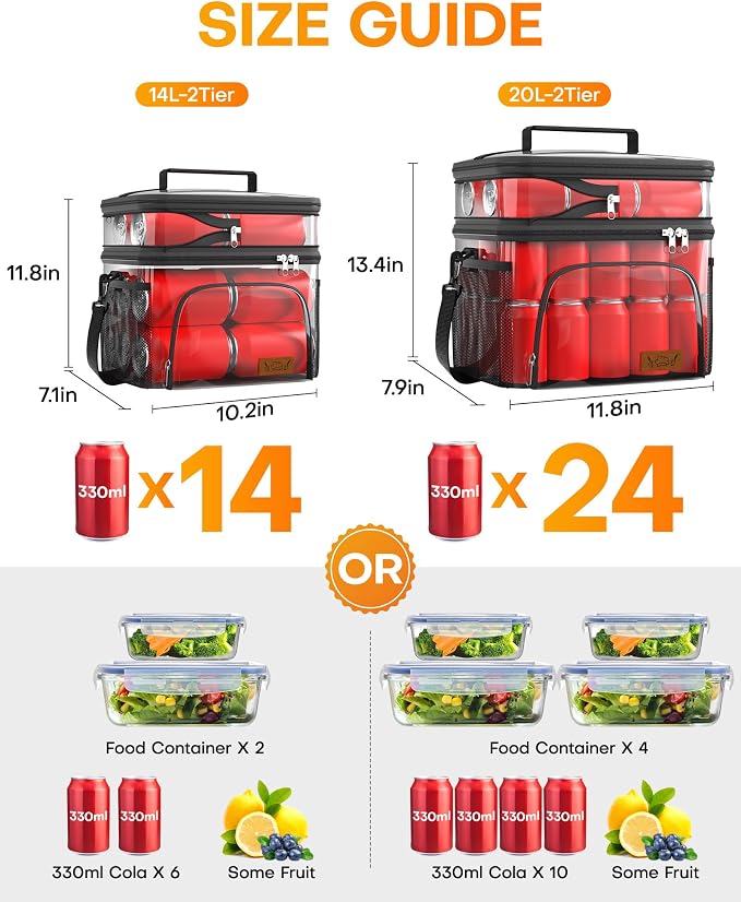HOTOR Insulated Lunch Box Men Women Leak-Proof Cooler Lunch Bag 14L | 4 Pockets, Adjustable Strap, Ideal for Work, Picnic, Travel, Camping, Gift