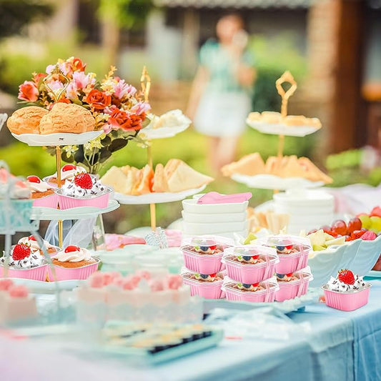 50 Pcs Mini Cake Pans with Lids and Spoons Aluminum Foil Mini Square Baking Cups with Lids Disposable Ramekins Cake Pans Dessert Cups for Wedding Birthday Party(Pink,5oz)