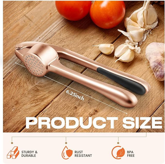 Kitchen Garlic Press, Rust Proof & Dishwasher Safe Garlic Mincer, Durable Garlic Crusher Set with Peeler&Brush, Easy to Clean and Squeeze, Copper