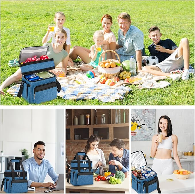 holuxer Insulated Lunch Bag & Lunch Box for Men - Double Deck Reusable Lunch Bag for Women Tote Cooler Bag Leakproof Soft Expandable - Large Lunchbox for Work/Adult/Picnic/Outdoor (Blue,15L)