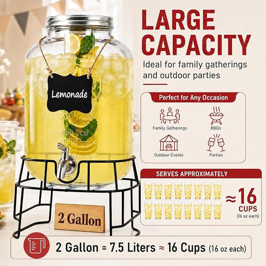 2 Gallon Glass Drink Dispensers for Parties, KIKCOIN Leakproof Beverage Dispenser with Stand & 18/10 Stainless Steel Spigot & Fruit Infuser -for Lemonade, Juice, Punch, Sun Tea Jars for Outside