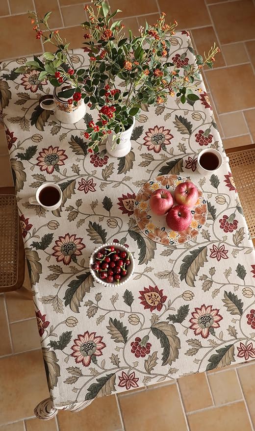 ISAENNE Designer Provence Floral Extra Long Tablecloth Rectangle,Linen Colorful Washable Indoor Table Cloth,Durable Decor Tablecloths for Dining Thanksgiving Kitchen Christmas,63"*110"-Ratina