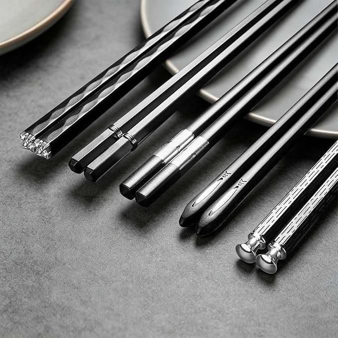 5 Pairs Food Grade PET+Glass Fiber Alloy Polymer Laser Engraving Japanese Metal Chopsticks, Squared Edge Non-Slip Chop Sticks Pack Reusable Gift with Case