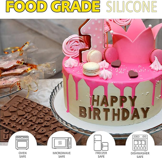 Anaeat Silicone Letter and Number Chocolate Molds, 2 Pack Alphabets & Numbers Candy Baking Mold with Happy Birthday Cake Decorations Symbols - for DIY Chocolates, Candies or Fondant