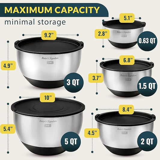 Baker's Signature Stainless Steel Mixing Bowls with Lids Set, 5 Sizes, 3 Graters, Non-Slip Base, Airtight Lids, Metal Mixing Bowls for Kitchen, Food Prep, Storage, 0.63QT-5QT, Black