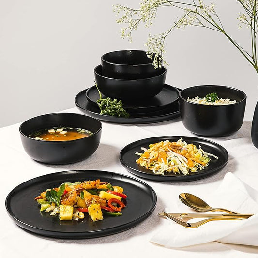 Gibson Elite James Street Stoneware Matte Reactive Double Bowl Dinnerware Set - Pepper Black, Service for 4 (16pcs)