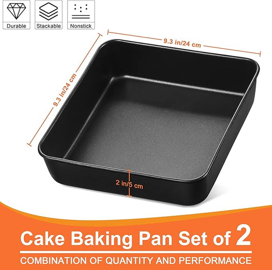 Herogo 9 x 9 Baking Pan Set of 2, Black Stainless Steel Square Cake Pan for Lasagna Brownies Casseroles Cakes, Non-Stick & Oven Safe