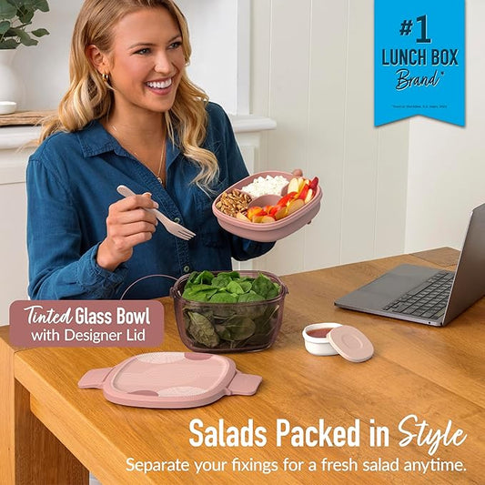 Bentgo Glass Prints All-in-One Salad Container - 61oz Tinted Glass Salad Bowl with Lid, Bento-Style Tray, Sauce Container, & Reusable Fork - Dishwasher & Microwave Safe (Mod Curve - Desert Rose)
