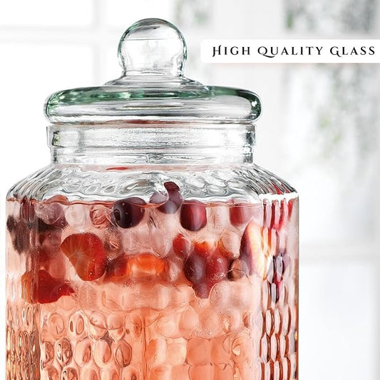 Classic Hammered Glass Beverage Dispenser with Elegant Stand (Set of 2), 1 Gallon Glass Drink Dispenser with Stand & Spigot, Party Drink Dispensers for Lemonade, Punch, Water, Juice