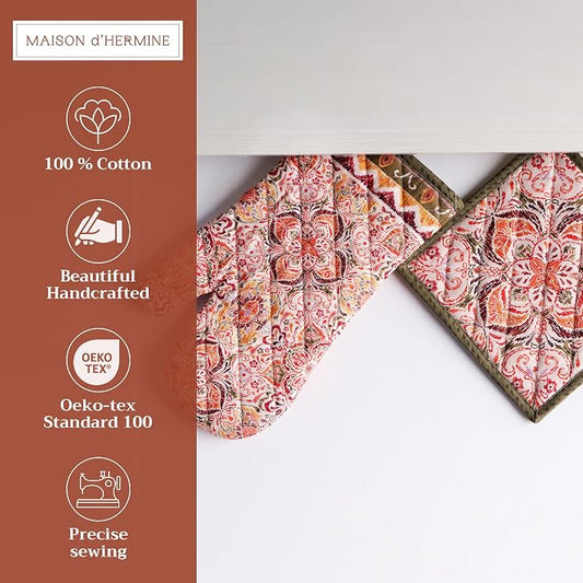 Maison d' Hermine 100% Cotton Oven Mitt & Pot Holder Set (7.5"x13" & 8"x8") | Heat Resistant BBQ Cooking Gloves with Loop Baking Grilling Kitchen Hotel Home Farmhouse Thanksgiving Christmas - Damask