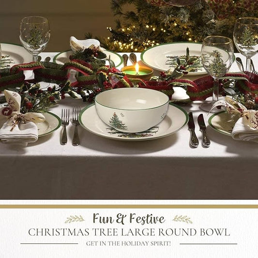 Spode Christmas Tree Large Round Bowl - 10-Inch Porcelain Serving Dish for Salad, Pasta & Side Dishes - Iconic Holiday Design with Green Trim, Dishwasher, Microwave Safe - Festive Gatherings