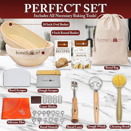 Banneton Bread Proofing Basket Set - 9" Round & 10" Oval Rattan Sourdough Proofing Basket and Sourdough Bread Baking Supplies for Home Bakers