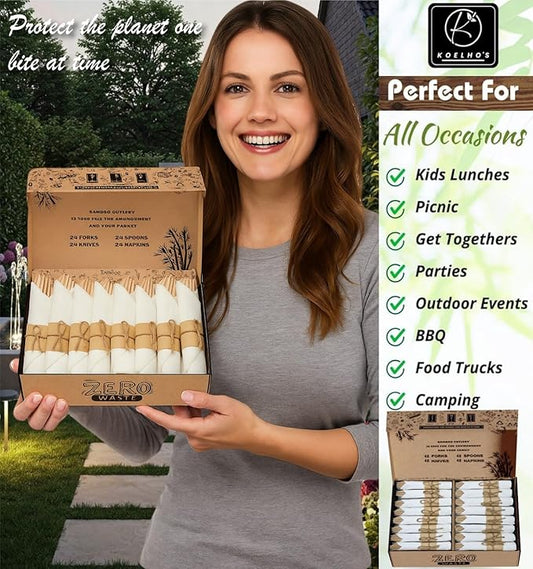 KOELHO'S Pre-Rolled Bamboo Cutlery Set 24-Pack 96 PCS | Bamboo Disposable Utensils 100% Biodegradable and Eco-Friendly | Wooden Utensils Disposable for Parties, Weddings, and Events