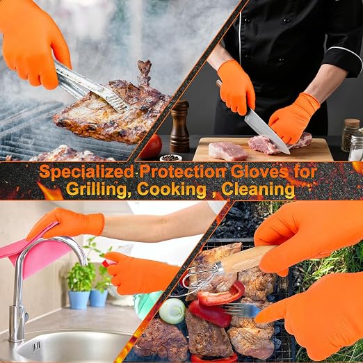 ANBOSON BBQ Gloves Disposable, Heat Resistant Grilling Gloves for Cooking | 10Mil Heavy Duty Nitrile Gloves-100Ct &4 Cotton Liners for Meat Handling Smoker for Hot Food Prep,Non-Slip Grip,Large,Orange