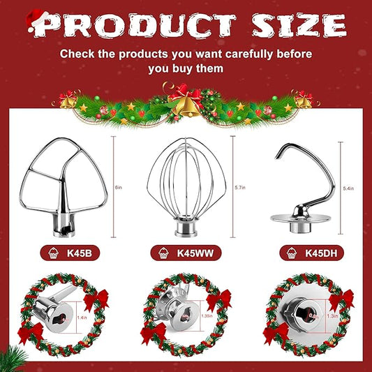 Stainless Steel Kitchen Mixer Accessories K45DH Coated Dough Hook&Kitchen Mixer Attachments K45b Coated Flat Beater&K45WW Wire Whip Compatible for 4.5 QT Tilt-Head Stand Mixer-MIFLUS