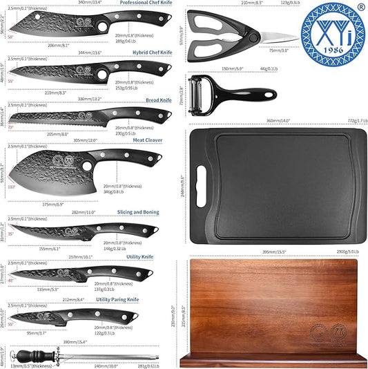 XYJ Kitchen Knife Set with Magnetic Knife Block,Cutting Board,Scissors,Honing Steel,Professional Knife Block Set,High Carbon Steel Blade,Meat Cleaver,Full Tang,Wood Handle