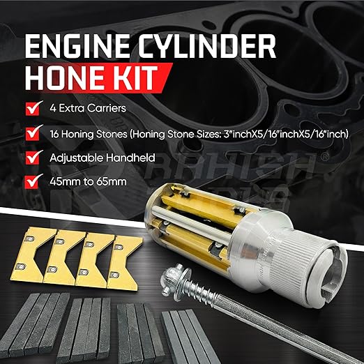 Engine Cylinder Hone Kit 45mm to 65mm Adjustable Handheld Honing Machine Tool Kit with 16 Stones Sizes 3" x5/16 x5/16 - Works for Mid-Size to Larger Car Engines