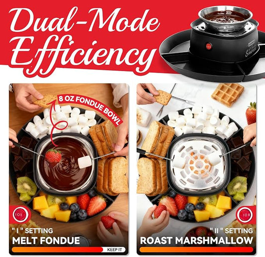SugarWhisk 2 in 1 Electric Smore Maker & Fondue Set, Marshmallow Roaster with 4 Forks, Indoor Smores Kit for Kids & Couples, Cheese & Chocolate Fondue Pot, 4 Detachable Trays, Graphite
